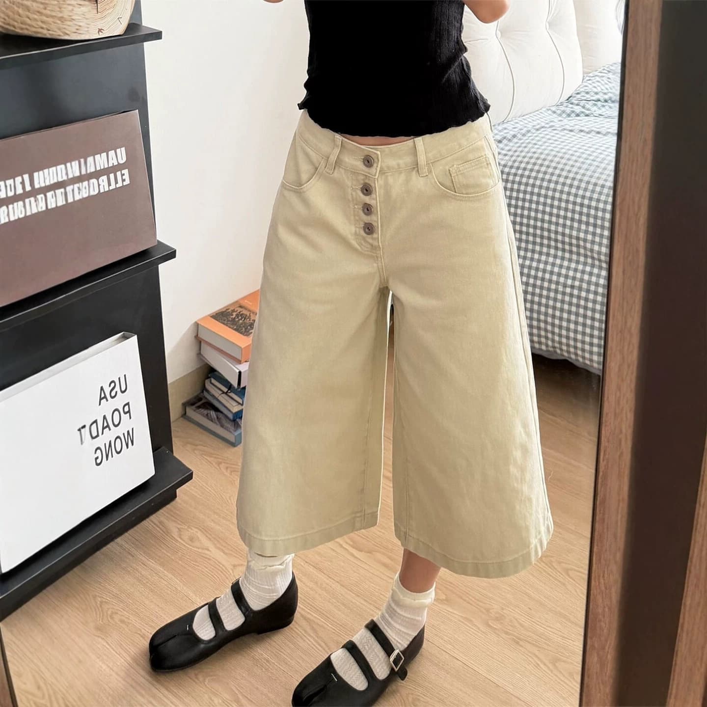[Han Niu] Summer new thin style American high street khaki denim cropped pants for women, narrow version super popular wide leg pants