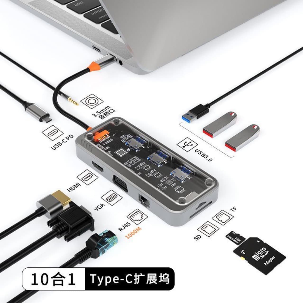Multifunctional Transparent Docking Station Type-C to HDMI Laptop USB Hub Splitter with Network Port Adapter