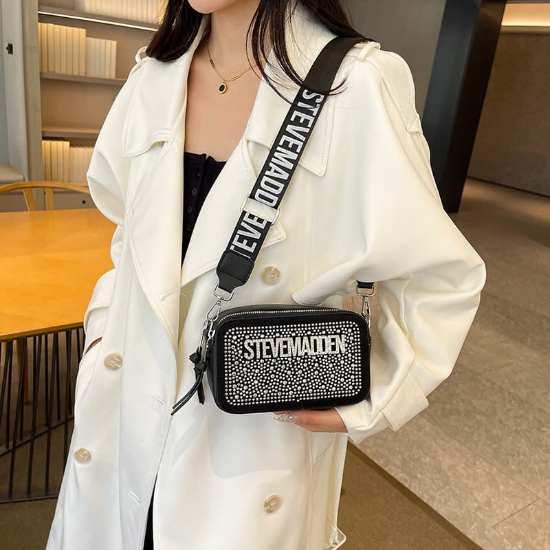 Cross-border fashion trend small square bag new European and American crossbody bag bright diamond shoulder bag wide shoulder strap letter mobile phone bag