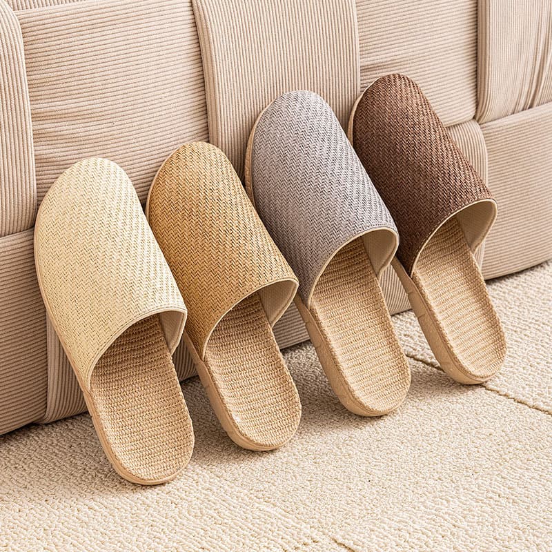 Asian Grass Woven Women's Home Linen Slippers, Simple Indoor Quiet Men's Breathable Home Four-Season Japanese-Style Straw Woven Slippers