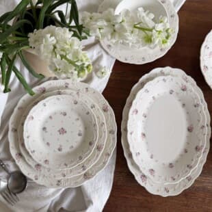 Vintage Blooming Flowers Embossed Ceramic Dinnerware - French Ceramic Plate, Ceramic Bowl, Coffee Cup & Saucer, Dessert Plate, Deep Plate, Oval Plate