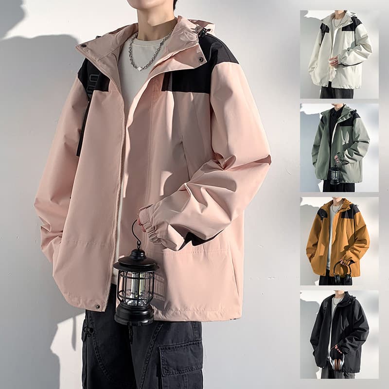Black Shoulder Color-Block Spliced Windbreaker Jacket Soft Low-Saturation Color Flat Insert Pockets Unisex Hiking Versatile Jacket Top