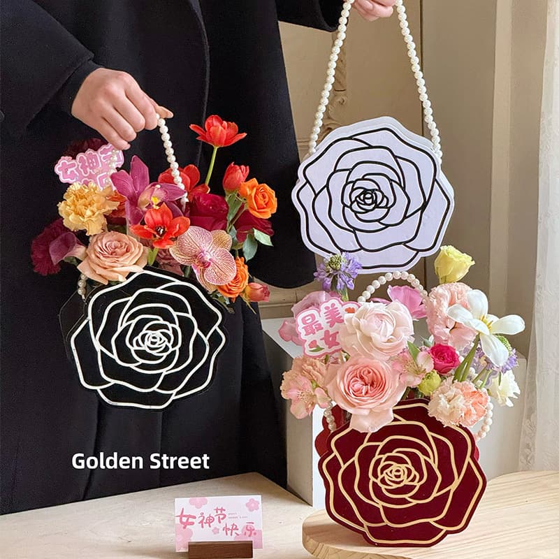 Women's Day Gift Pearl Chain Packaging Box Women's Day Camellia Three-dimensional Flower Bouquet Box Flower Shop Material Wholesale