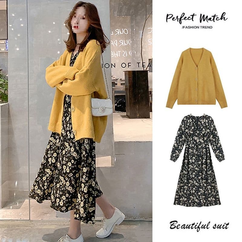 Fashionable plus-size maternity spring outfit set, trendy mid-length loose-fitting maternity dress for spring and autumn.