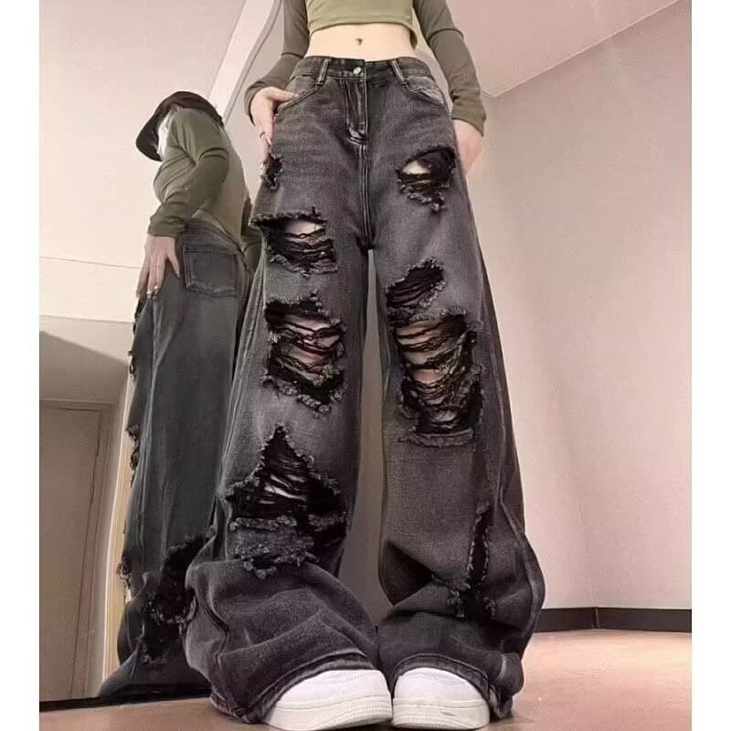 American high street niche design super popular ripped pants for women summer new ins dark style denim wide leg pants