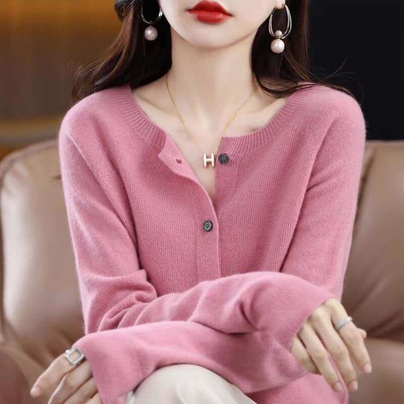 New Autumn/Winter Women's 100% Wool One-Piece Knitwear Osmanthus Stitch Round Neck Cardigan Coat Knitted Short Long Sleeve