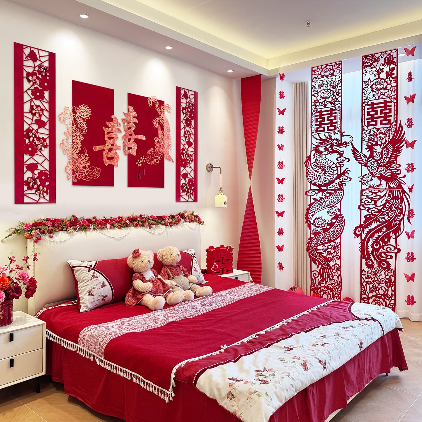 Love and Joy Wedding Decoration Double Happiness Sticker Wedding Room Setup Set Bedroom Headboard Living Room Dragon and Phoenix Happy Stickers Garland