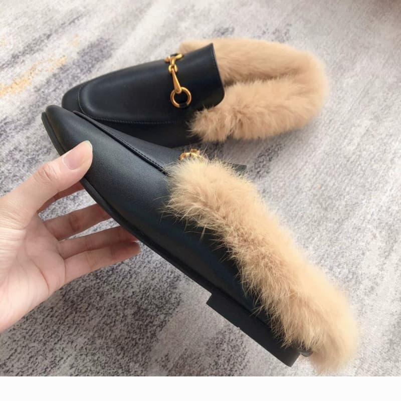 [In Stock] Plus Size Fuzzy Mule Slippers for Women, Autumn/Winter Mules, Slip-On Flat Rabbit Fur Closed-Toe Half Slippers