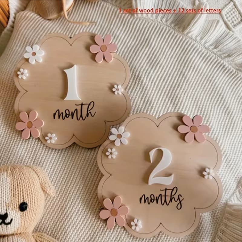 Cross-border newborn birth calendar wooden photo props Daisy commemorative card baby milestone card
