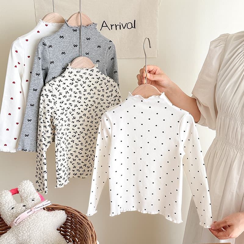 Girls' Floral Print Top for Outerwear, Autumn Winter Baby Girl Versatile Half Turtleneck Base Layer Top with Ruffle Trim T-Shirt