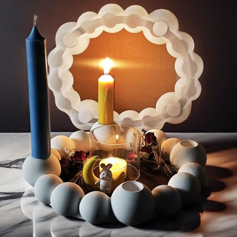 Large Ball Candle Holder Silicone Mold, Bubble Bead Round Ball 4-Hole Candle Holder, Ring Base Beaded Candle Holder for Plaster