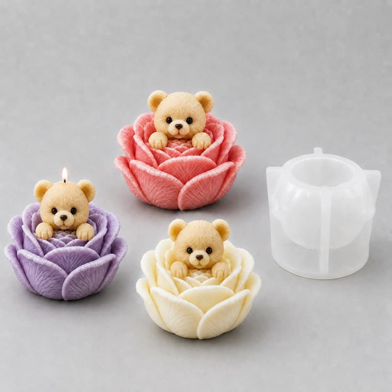 Rose Bear DIY Scented Candle Silicone Mold 3D Epoxy Resin Ornament Factory Direct