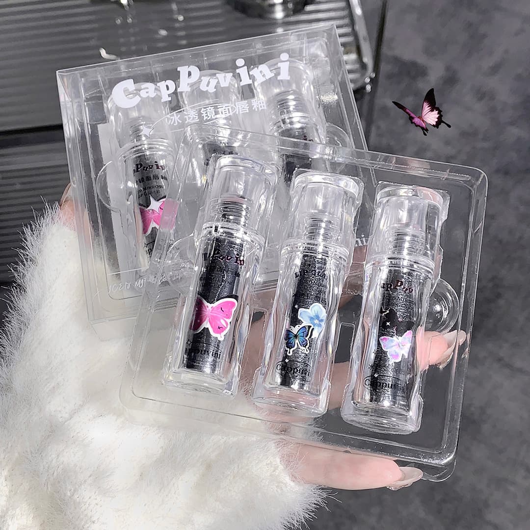 Cappuvini Butterfly Mirror Lip Glaze Set of Three Cute Mirror Water Light Lip Glaze Whitening Student Domestic Cosmetic Lip Color