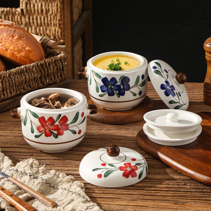 Retro Double-Lid Double-Handle Ceramic Stew Pot Stew Jar Steamed Egg Bowl Stew Cup Small Soup Bowl Special Bowl Single-Serving Health Stew Bowl