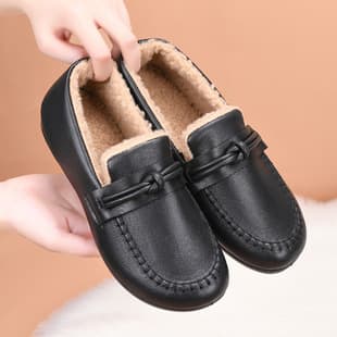Flat Ballet Shoes 2024 Fall Winter New Style Soft Sole Soft Leather Fashion Casual Lined Bean Shoes Slip-On Mom Shoes