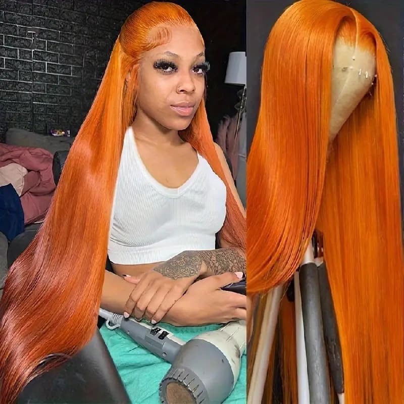 African Hot Selling Front Lace Straight Hair Full Head Cover European and American Women's Wig Orange Straight Hair Factory in Stock
