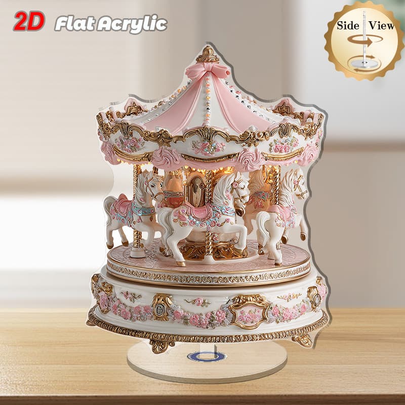 2D Flat, 1-Pack Elegant Pink and White Rotating Acrylic Music Box Carousel Table Decor