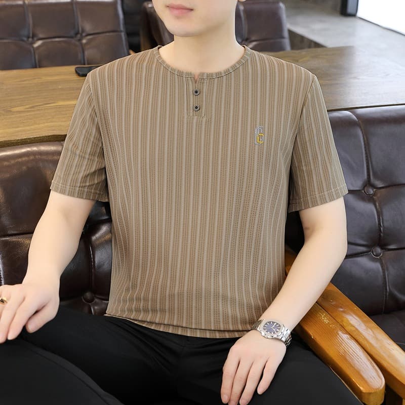 2025 Ice Silk Short-Sleeved T-Shirt Men's Summer New Simple Striped Casual Half-Sleeved T-Shirt Trendy Men's Clothing