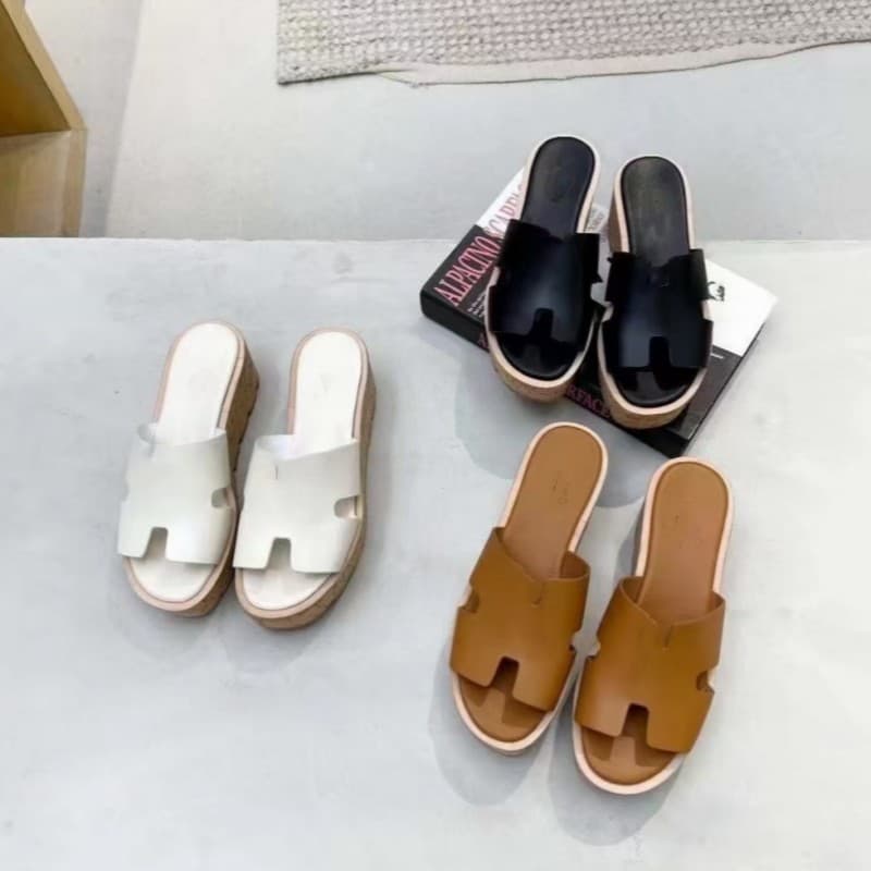 H Summer Genuine Leather High Heel Thick Sole Elevator Sandals for Women, Roman Style Wedge Heel, Solid Color Platform Sandals