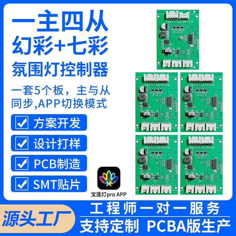 Bocon One Main Four Auxiliary Colorful Ambient Light Controller for Car Door Light Strip Retrofitting with 10-30V Multi-Color Lights
