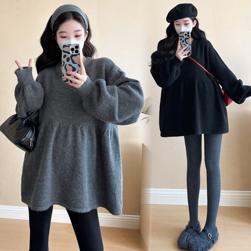 Maternity wear, autumn and winter long-sleeved knit sweater, warm sweater, loose plus size casual top, winter maternity base layer.