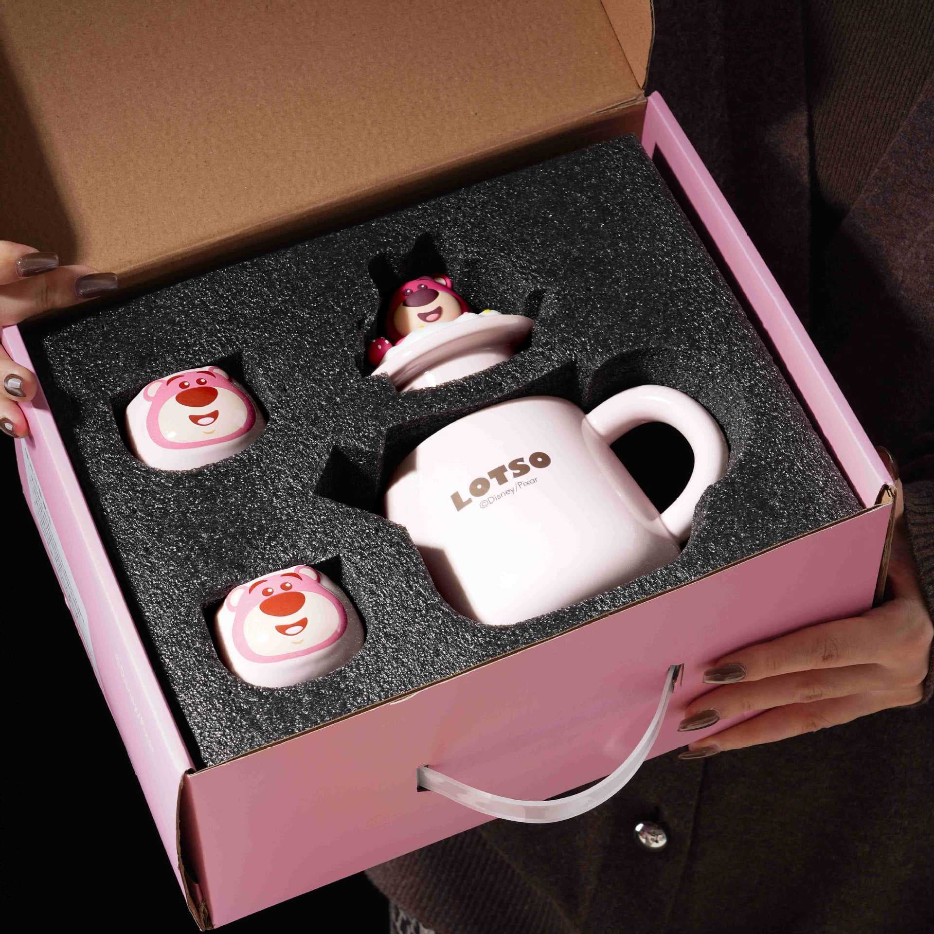 Strawberry Bear Winnie the Pooh Tea Set for One, Cute Ceramic Small Teapot with Tea Cup, Tea Infuser for Home Use