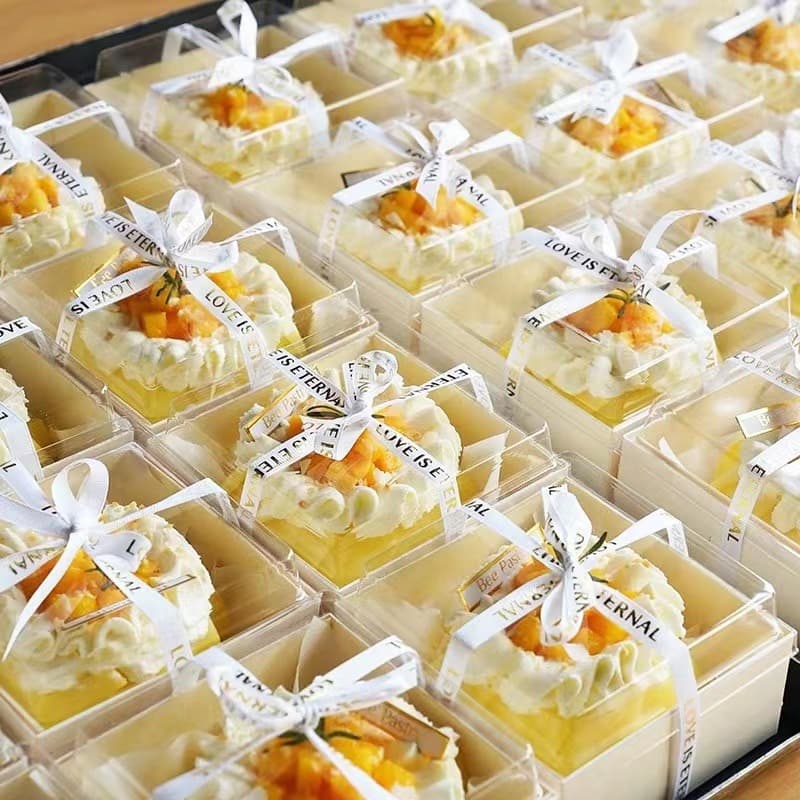 Cake Slice Box 4-Inch Square Wooden Takeout Box Sandwich Swiss Roll Milk Foam Dessert Pastry Box Transparent