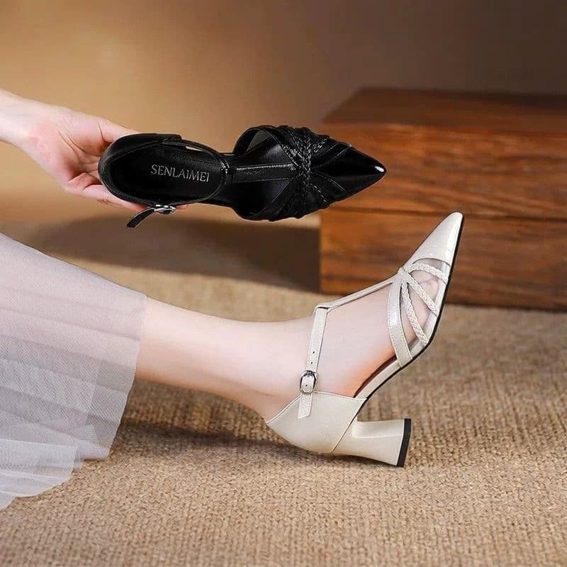 Elegant French braided soft leather pointed toe thick heel, gentle medium heel, bag toe, hollow fashion sandals, pig cage thick heel sandals