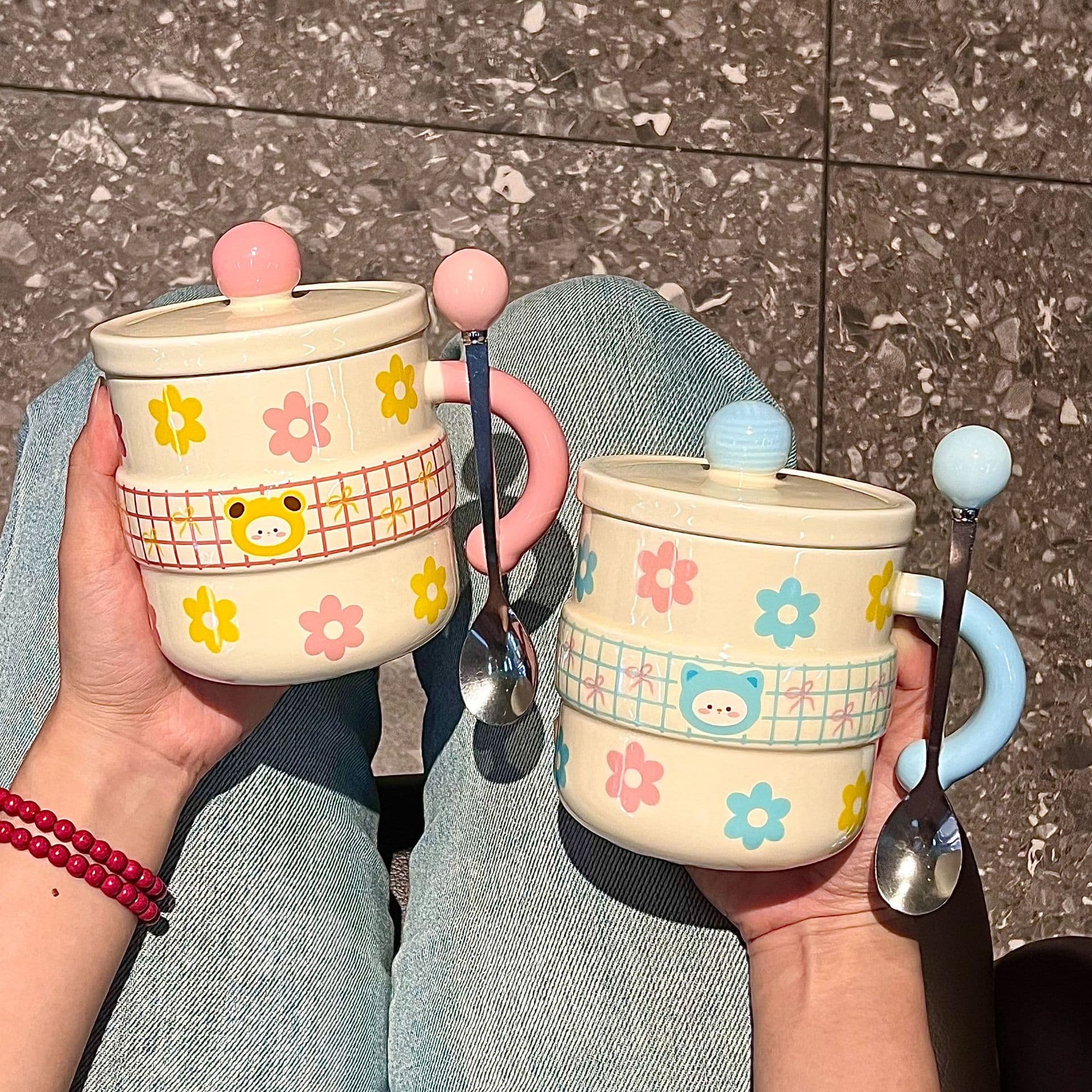 Floral Mug, Ins Style, High-Quality Ceramic Cup with Lid and Spoon, Water Cup for Women, Office Coffee Cup