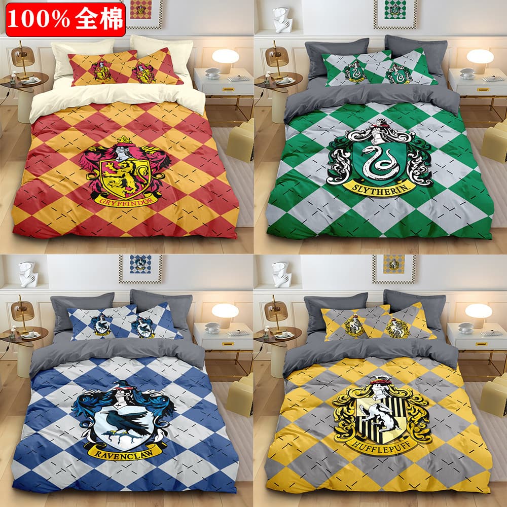 Harry Potter Pure Cotton 4-Piece Bedding Set Custom Kids Cotton Sheet Plaid Duvet Cover Student Dormitory 3-Piece Set