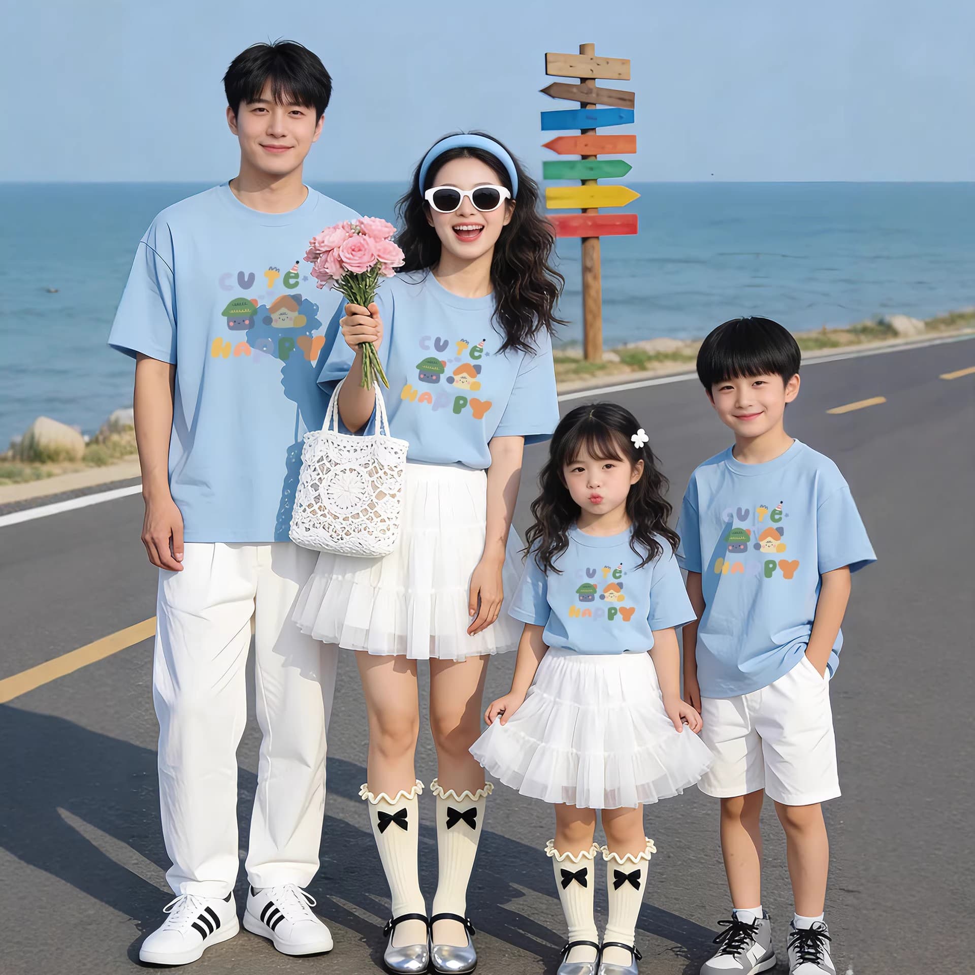 Korean-style Vacation Family Matching Outfits 2026 Summer New Cotton Short-Sleeve T-Shirts for Family of Four Casual Mother-Daughter Wear