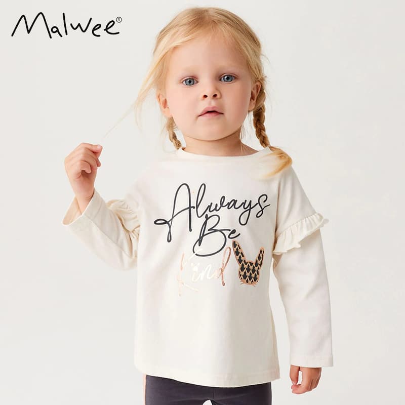 Malwee Girls T-Shirt Autumn New Style European and American Casual Round Neck Long Sleeve Base Layer Children's Top