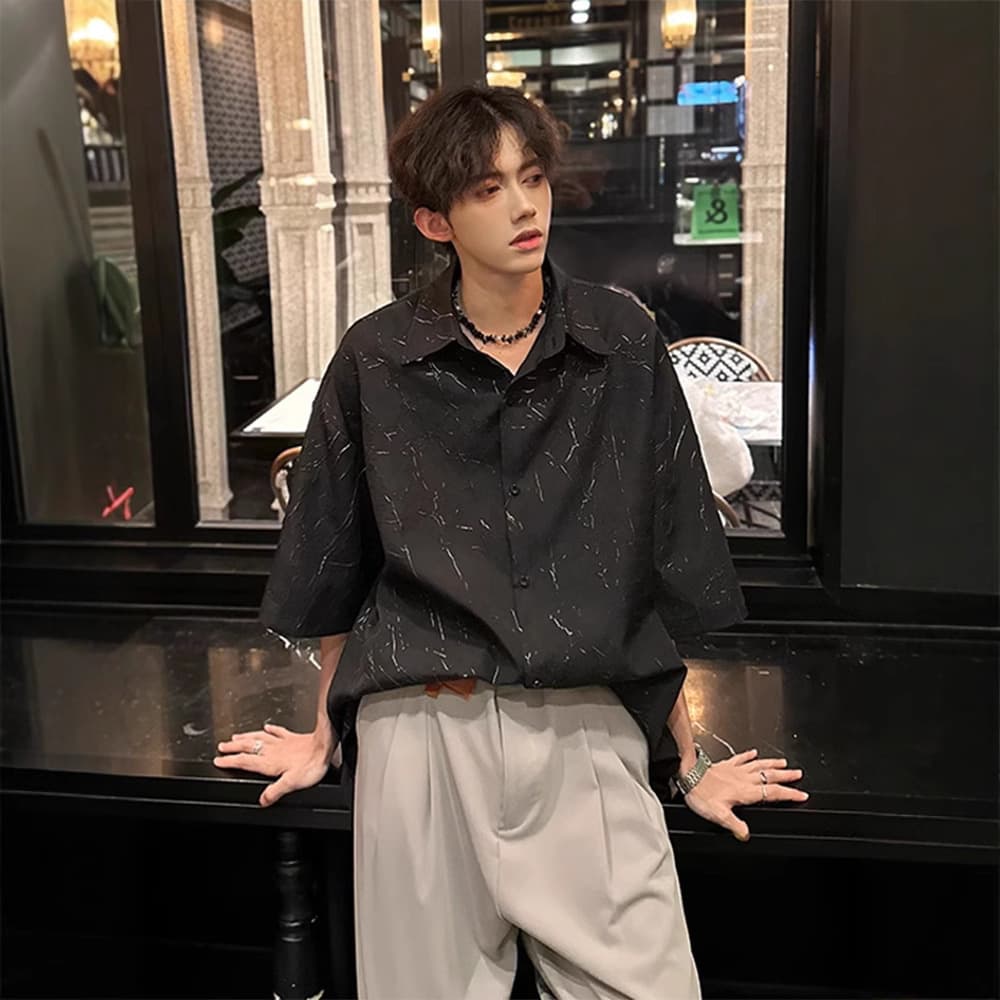 British yuppie men's textured shirt design high-end short-sleeved shirt men's thin hairstylist summer wear