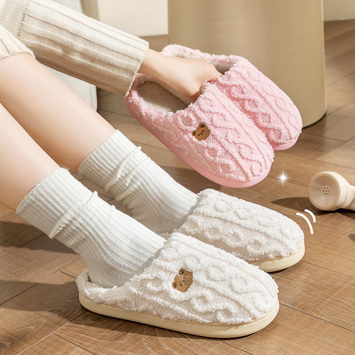 Bear Cotton Slippers for Women Autumn Winter 2024 New Trendy Indoor Plush Cute Thick Sole Warm Fur Slippers