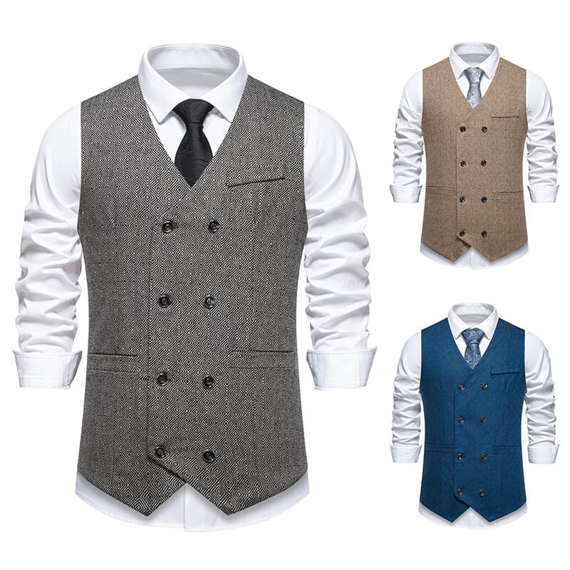 Cross-border Amazon European Size Men's Herringbone Suit Vest, Retro Double-breasted Casual V-neck Waistcoat