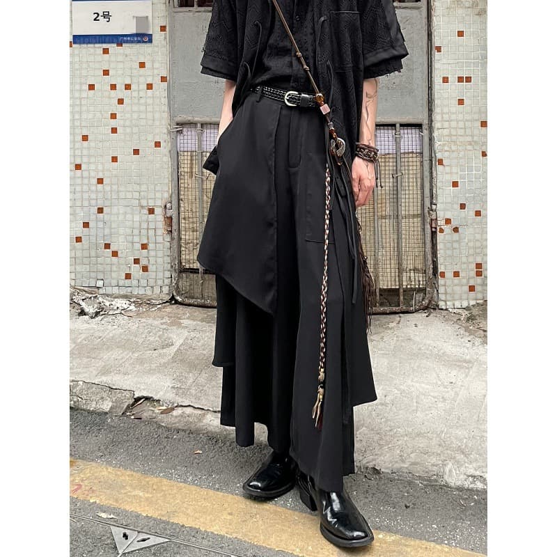 2024 Retro Layered Irregular Chinese Style Tassel Wide-Leg Skirt Pants Loose Trousers Culottes