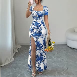 2026 Cross-Border European and American Printed Waist-Cinching Slit Dress for Evening and Vacation, Women's Spring and Summer Long Dress