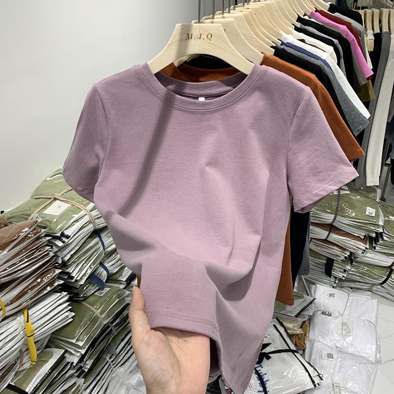 European Style Taro Purple Cotton Short-Sleeve T-Shirt for Women 2023 Summer New Loose Versatile Round Neck Tee Top