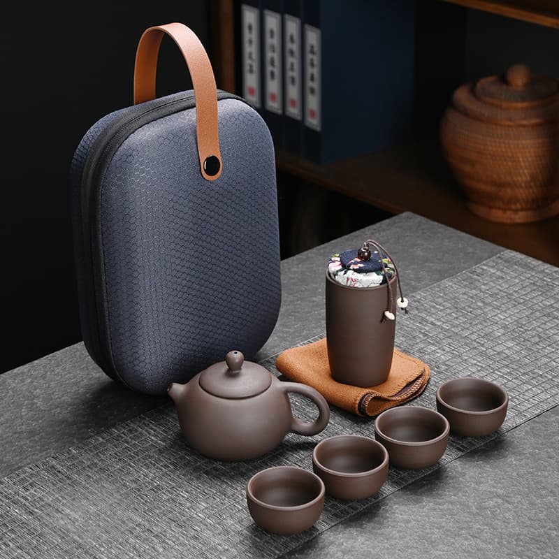Dehua Purple Clay Travel Tea Set - One Pot Four Cups Portable Set with Tea Caddy, Business Gift