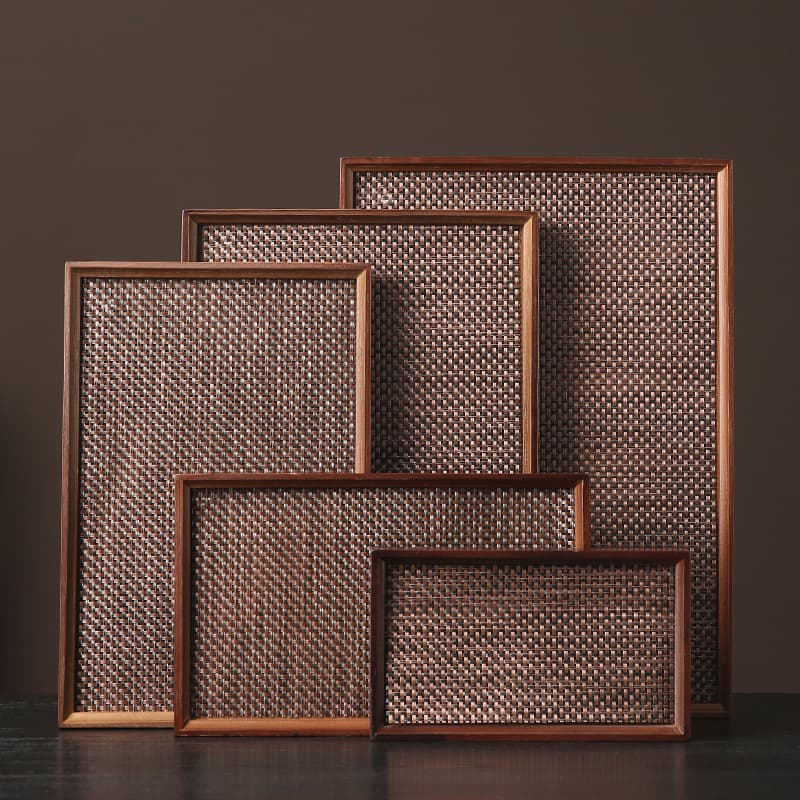 Chinese Style Bamboo Rattan Woven Pattern Tray Hotel Quality Vintage Full Bamboo Multi-Purpose Tray American Rectangular Household Serving Tray