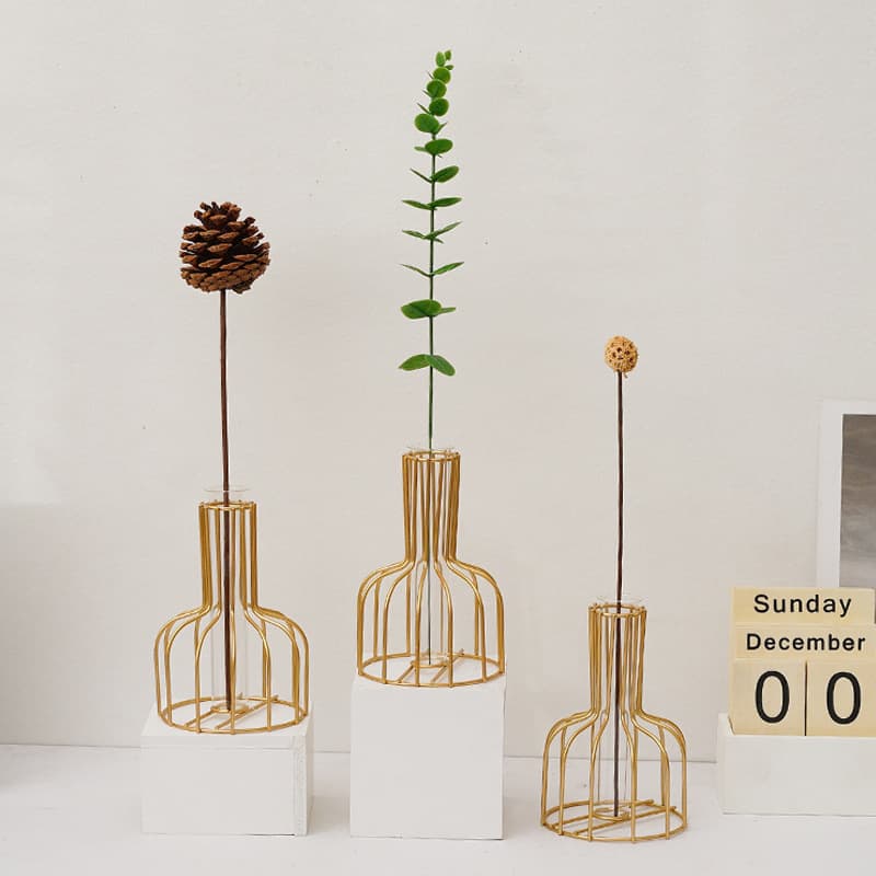 Light luxury golden iron art home soft decoration dining table living room decoration transparent vase flower arrangement hydroponic container decoration