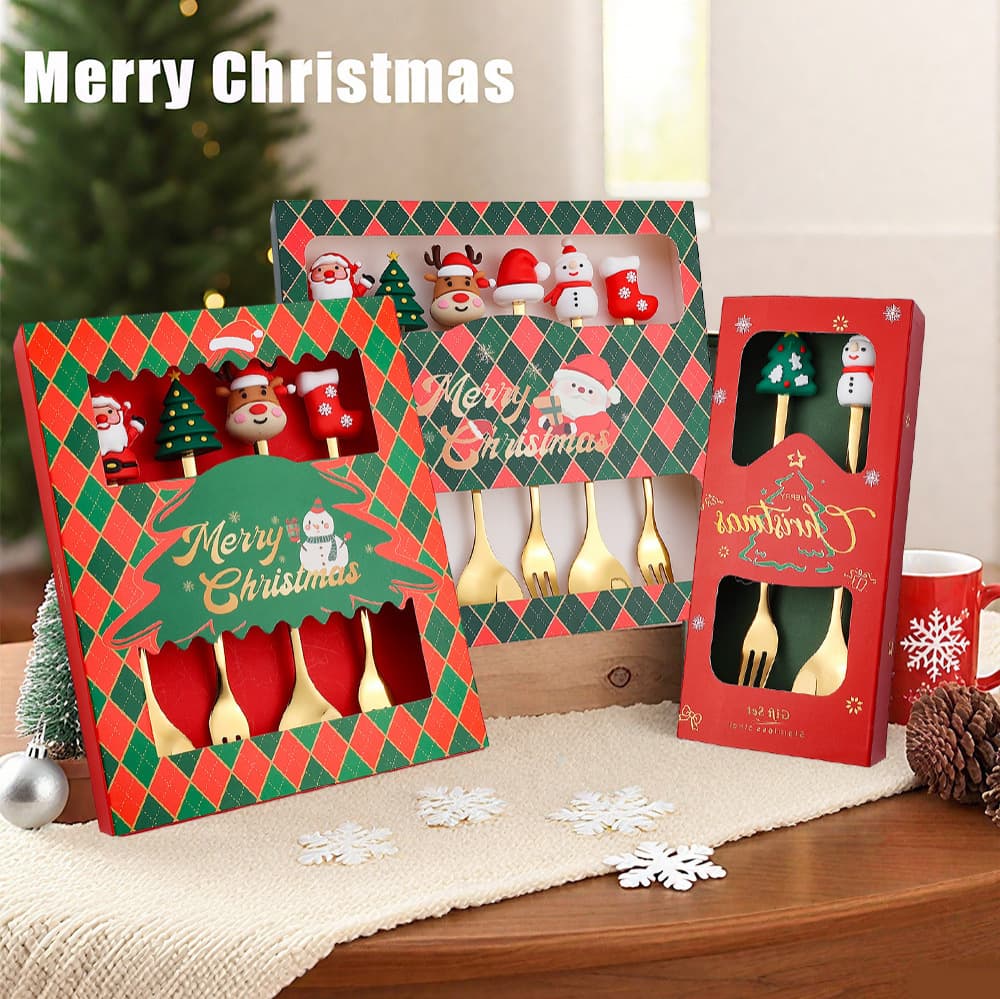 L Creative Christmas Gift Cute Cartoon Figurine Fork and Spoon Cutlery Gift Box Set Dessert Spoon Old Man Reindeer