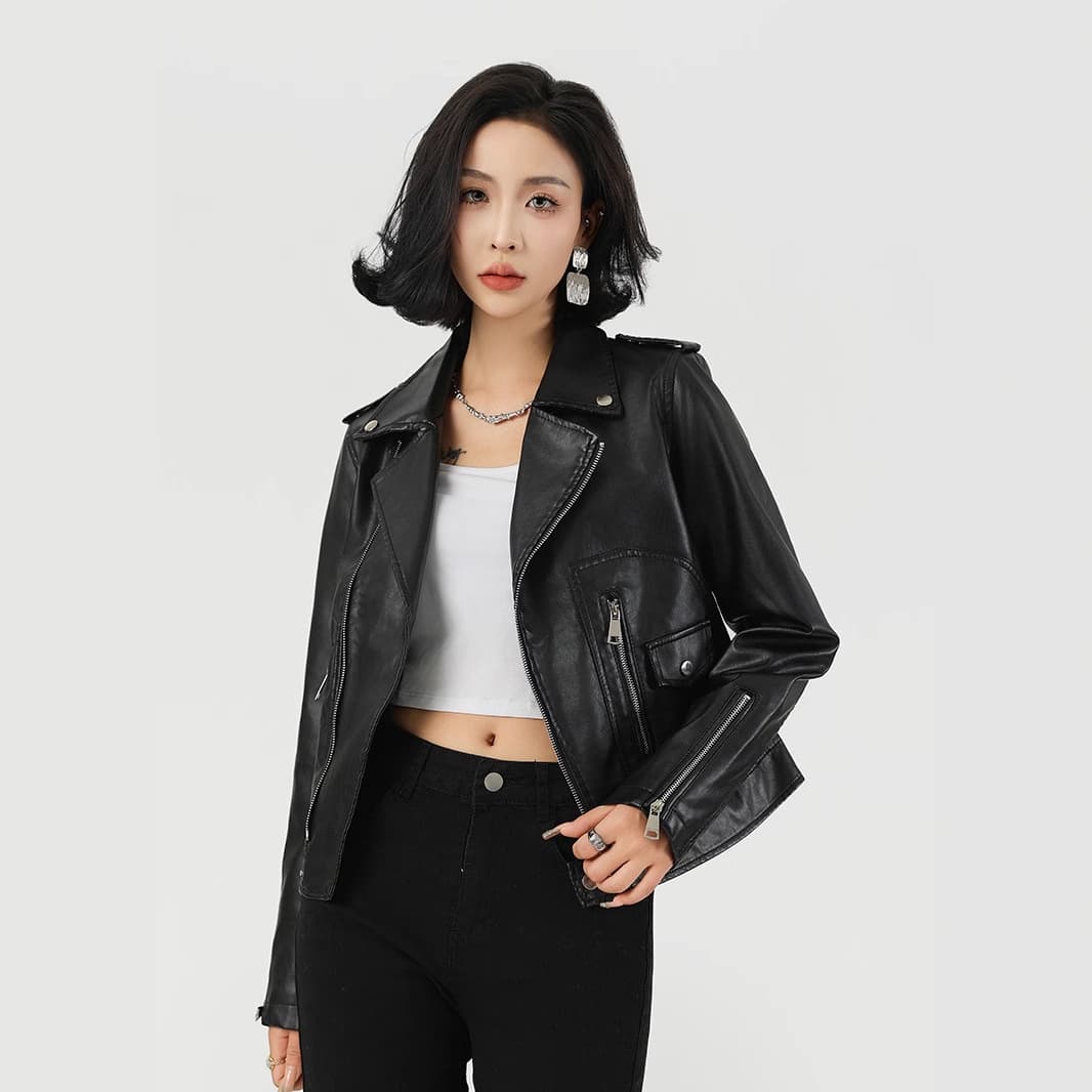 Cross-border PU Leather Jacket for Women Spring New Short Motorcycle Style Turn-down Collar Slim Fit Biker Jacket Pattern Making