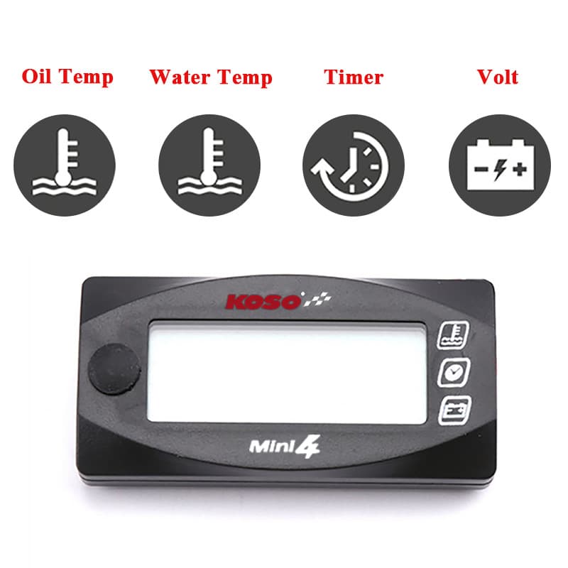 KOSO 4-in-1 Motorcycle Water Temperature, Oil Temperature, Voltage, Time, LCD Display Instrument, Thermometer, Electric High Definition