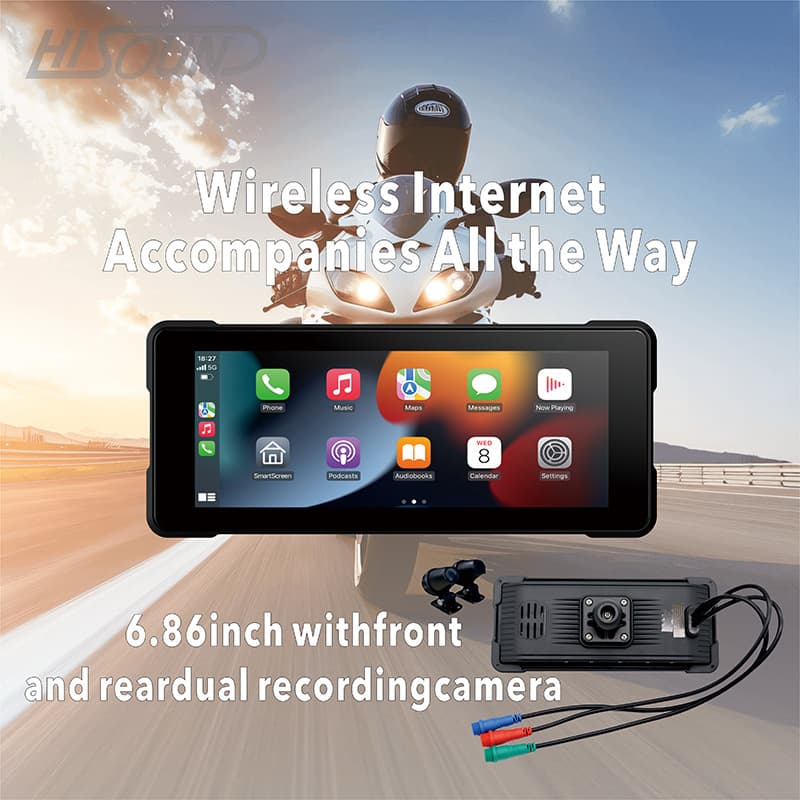 6.86-inch motorcycle dashcam with front and rear dual lenses, wireless CarPlay, night vision, and waterproof.