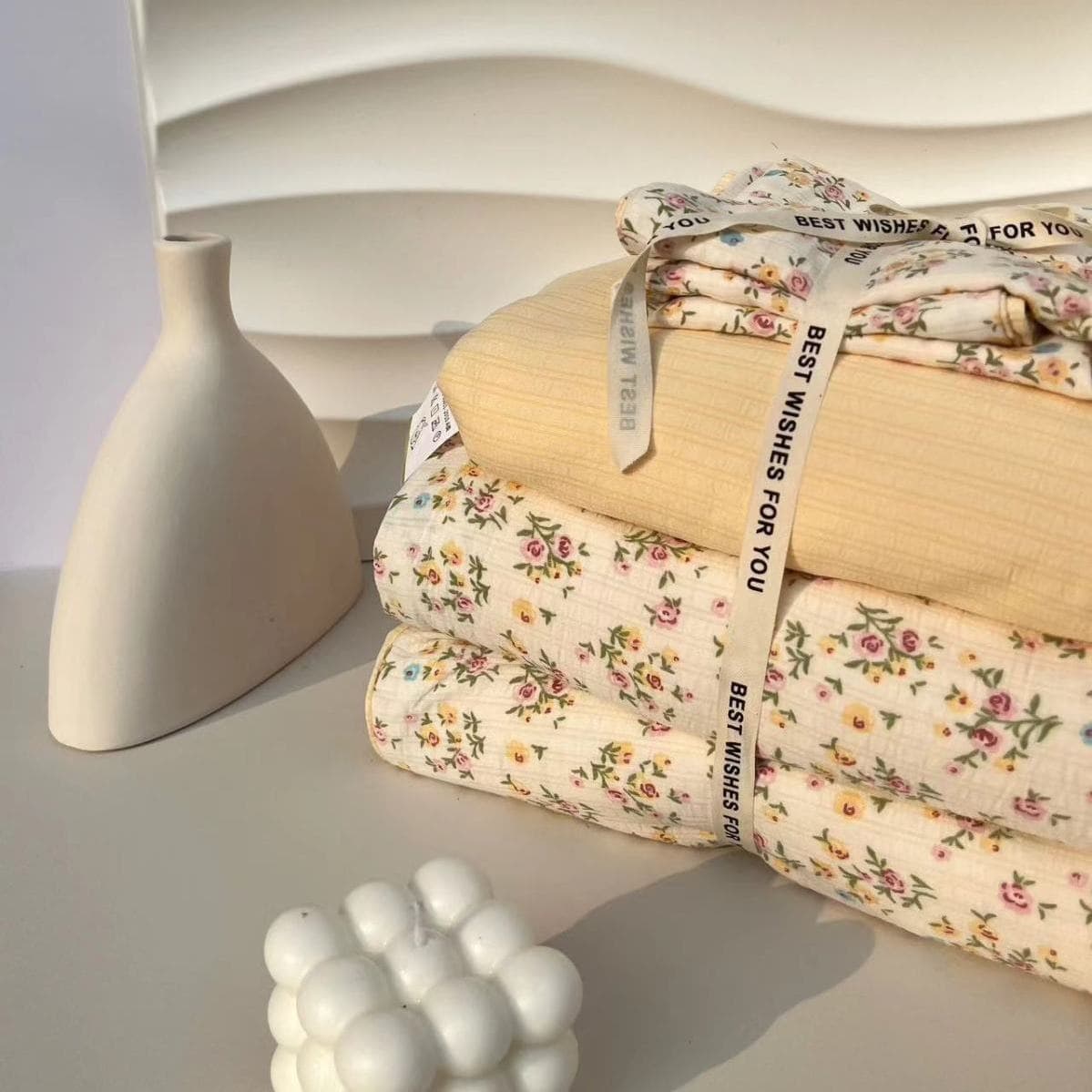 Windblown Floral Fresh Jacquard Double-Layer Gauze Washed Cotton Four-Piece Set Duvet Cover Bed Sheet Dormitory Three-Piece Set Bedding Wholesale