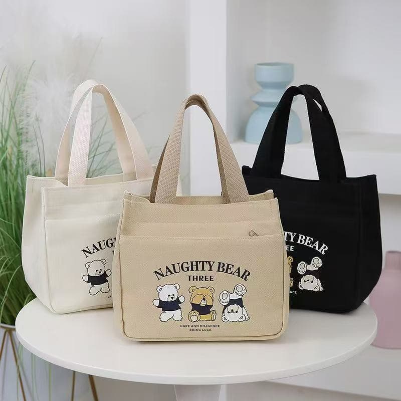 Cross-border new women's bag cartoon bear print handbag large capacity lunch box bag office worker handbag wholesale