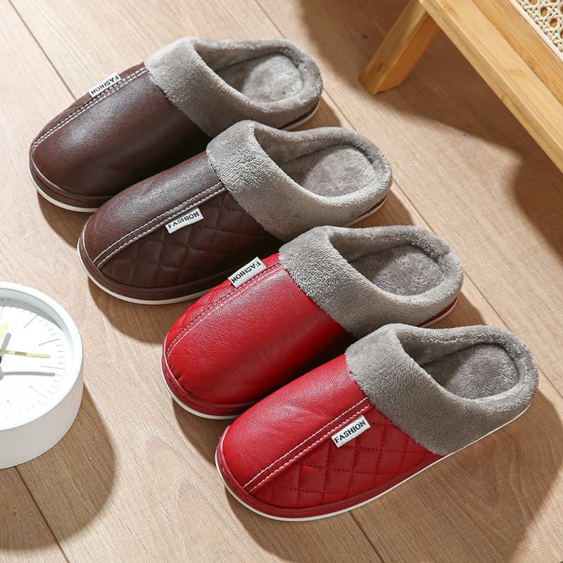 New PU leather waterproof cotton slippers for women, autumn and winter home wear, soft sole, couple's thickened fleece-lined warm slippers, men's wholesale.