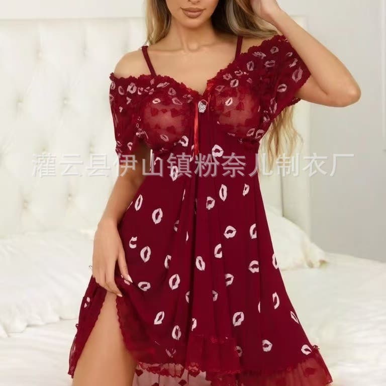 2026 New Women's Lace Thin Heart Print Pajamas Casual Home Nightgown 5084