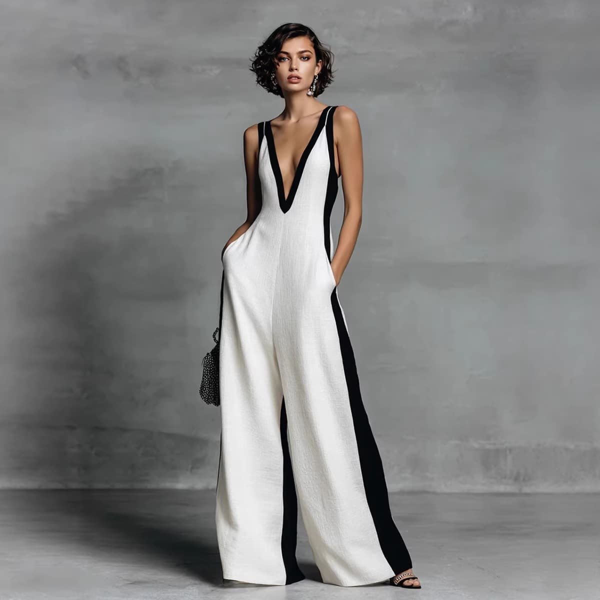 2026 Women's Fashion Black and White Cotton Linen Contrast Thin Strap Jumpsuit for Cross-Border Sales in Europe and America